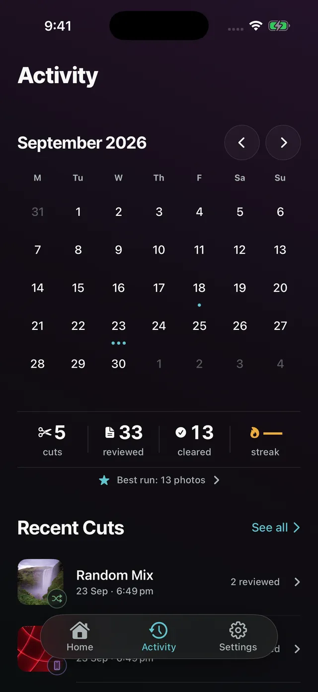 Activity in Daily Cut: a calendar of completed cuts and photos reviewed