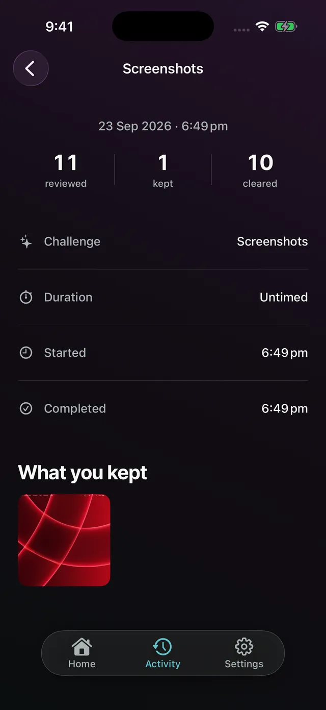 Daily Cut session history showing 11 photos reviewed, 1 kept, and 10 cleared